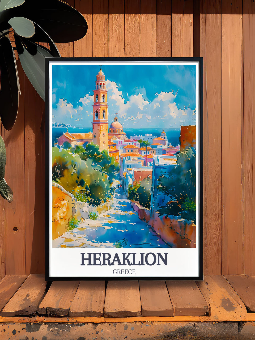 Vintage poster of Heraklion, featuring the iconic Agios Minas Cathedral, Crete, Greece. This piece captures the timeless beauty of the cathedral with its intricate frescoes, grand facade, and serene atmosphere, evoking the charm of Greek cultural heritage.