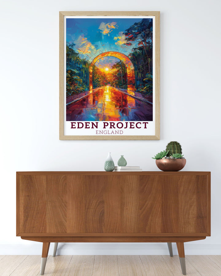 Eden Project home decor print showcasing the lush landscapes and architectural brilliance of this iconic site perfect for creating a serene and inspiring atmosphere in any room this print celebrates the natural beauty of the Eden Project.