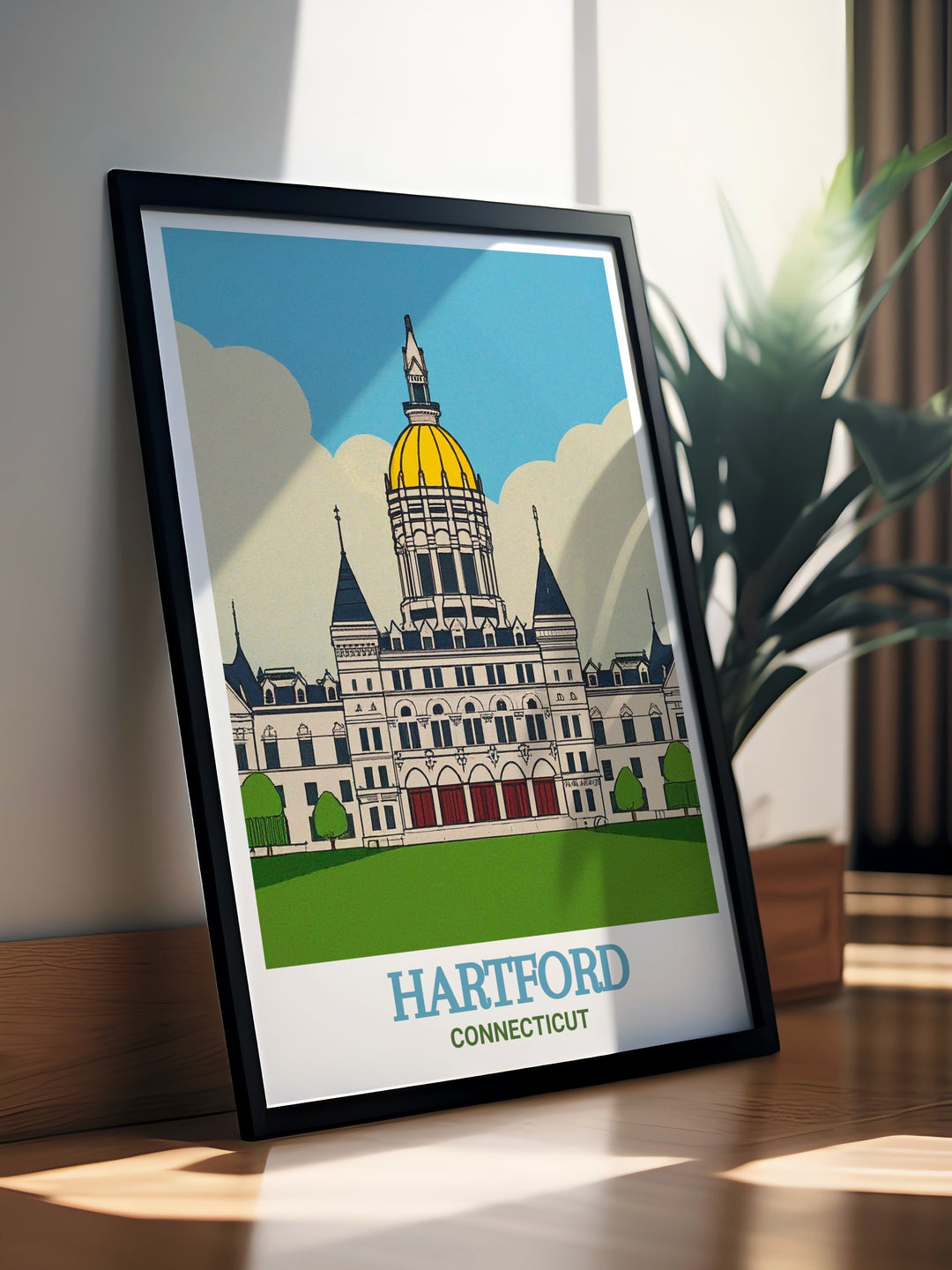 Elegant Connecticut State Capitol print featuring Hartfords colorful map in a fine line modern style. This vibrant wall art is perfect for enhancing your home decor or as a special gift for friends who appreciate the beauty of Hartford.