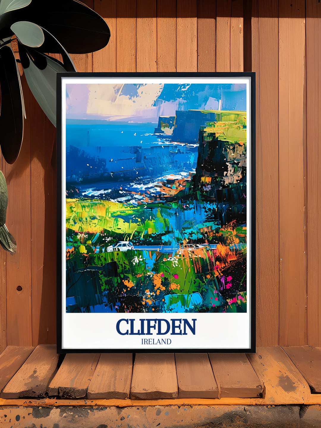 Custom wall art showcasing Clifden, Ireland, with detailed illustrations of Clifden Bay and the Wild Atlantic Way. Ideal for enhancing your living space with a touch of Irelands coastal allure.