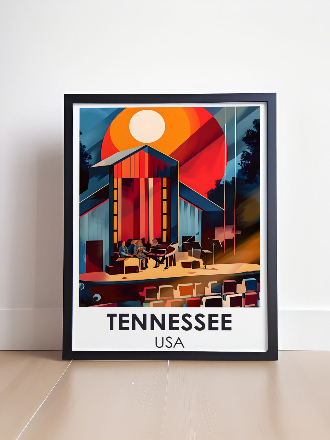 USA Travel Poster showcasing the historic Ryman Auditorium in Nashville Tennessee and The Grand Ole Opry. This piece of art is a great addition to any travel collection and makes a unique gift for music lovers.