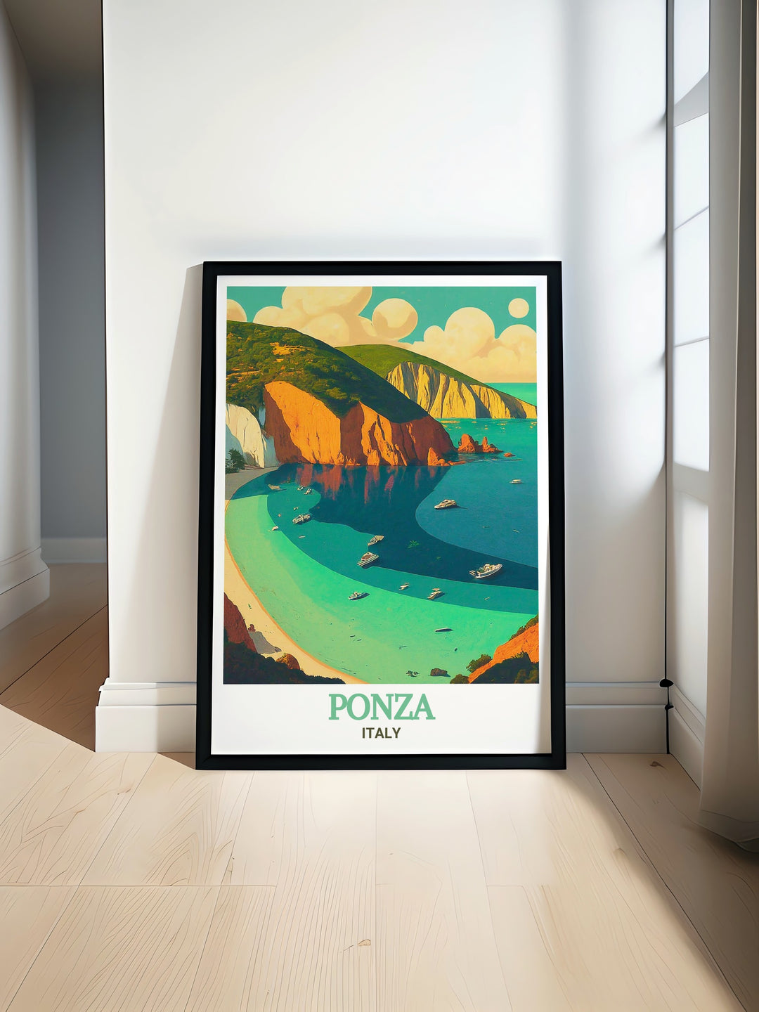 The stunning coastline of Chiaia di Luna in Ponza, Italy, is depicted in this detailed print. The artwork captures the unique blend of history and natural beauty that makes this beach so special. Perfect for anyone who loves Italys coastal regions, this piece adds warmth and elegance to any decor.