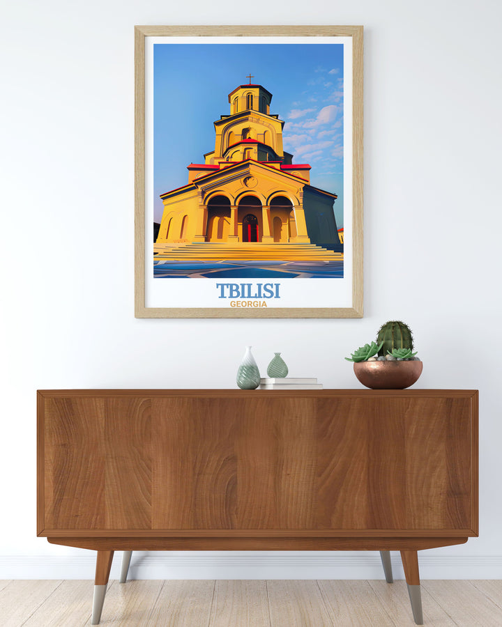 Tbilisi Travel Print highlighting the Holy Trinity Cathedral combines modern art with a vintage map of the city for a timeless piece of home decor. This poster is an ideal choice for anyone who appreciates Georgian architecture and history.