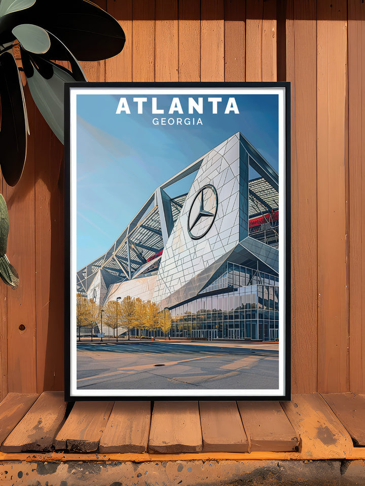 Atlanta art print featuring Mercedes Benz Stadium is a perfect gift for sports lovers and fans of the city. This Atlanta travel print makes for elegant living room decor and is a wonderful choice for Fathers Day or Christmas gifts.