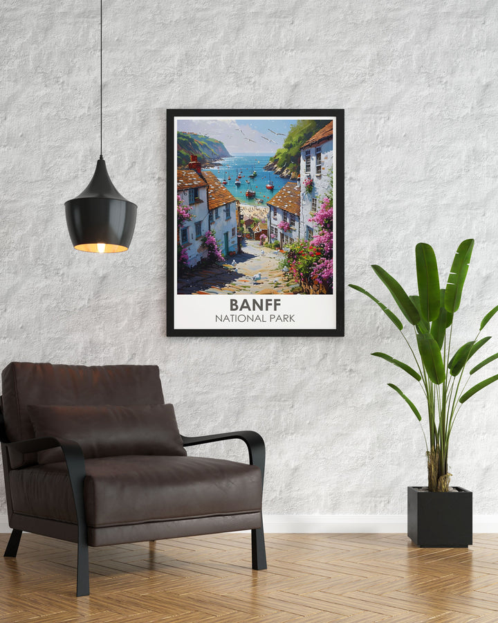 Travel poster featuring Banff Townsite and Cascade Mountain, designed to inspire adventure and wanderlust with its breathtaking scenery, making it an ideal gift for travelers and anyone who dreams of exploring the Canadian Rockies.