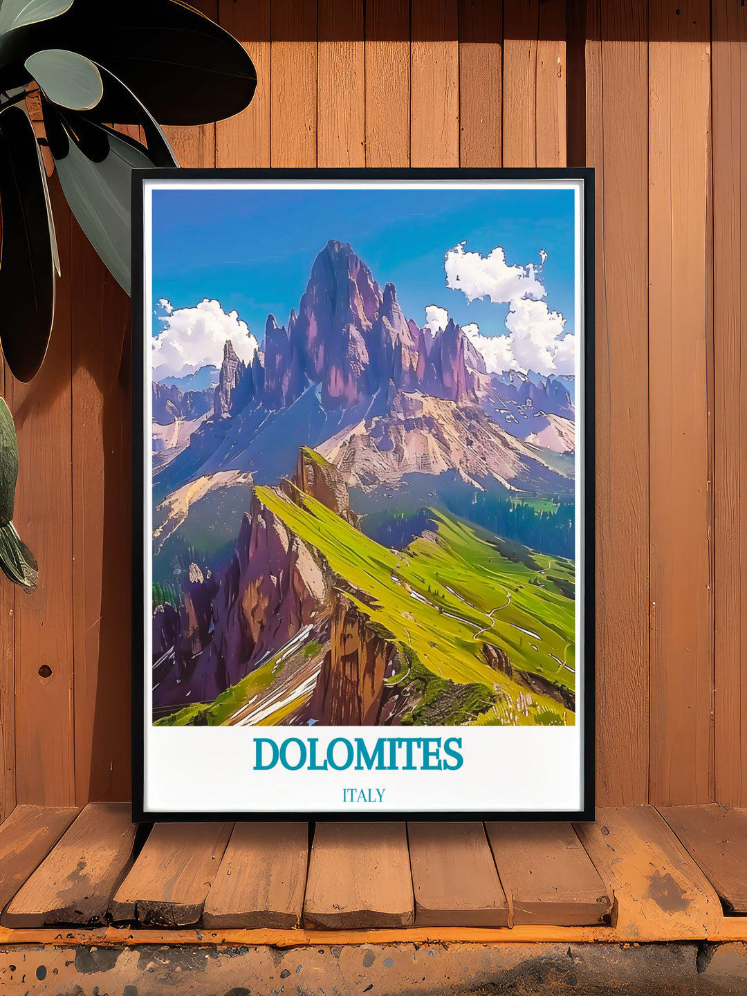 Gallery wall art illustrating the majestic landscapes of Seceda, with its towering cliffs and serene vistas, perfect for enhancing any room with the charm of the Dolomites.