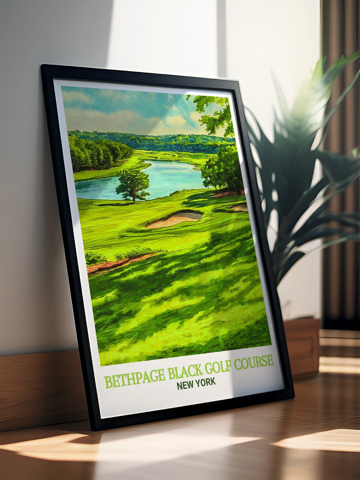 New York Framed Art depicting Bethpage Black Golf Course adds an elegant touch to any room. The framed travel print highlights the rugged beauty of the course, combining sports and art to create a stunning focal point for any space.