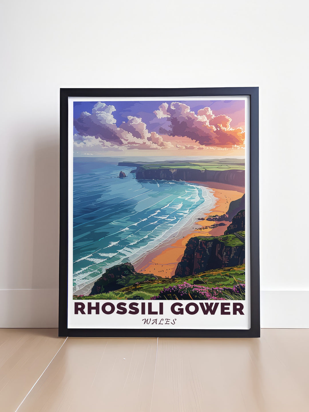 Beautiful Rhossili Bay artwork with vivid details of Swanseas beaches enhancing your rooms charm