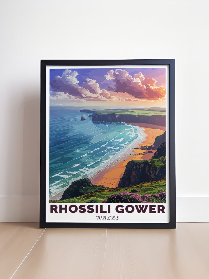 Beautiful Rhossili Bay artwork with vivid details of Swanseas beaches enhancing your rooms charm