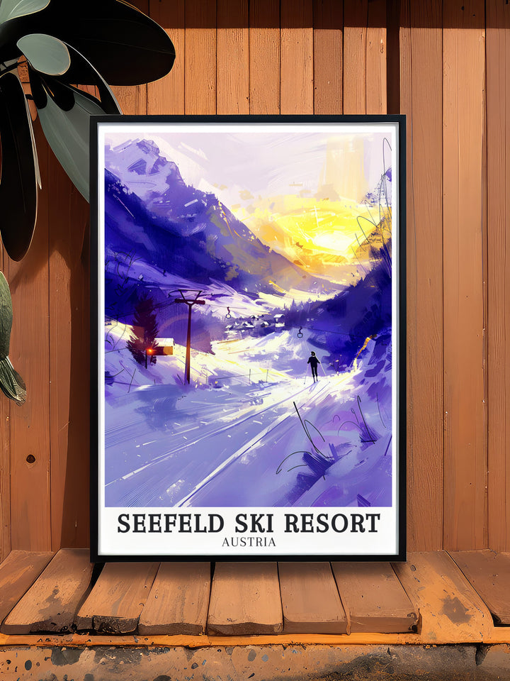 Stunning Seefeld Ski Resort art print featuring the Karwendel mountains and Bergbahnen Rosshutte. This vibrant print highlights Austria skiing and snowboarding for your home decor.