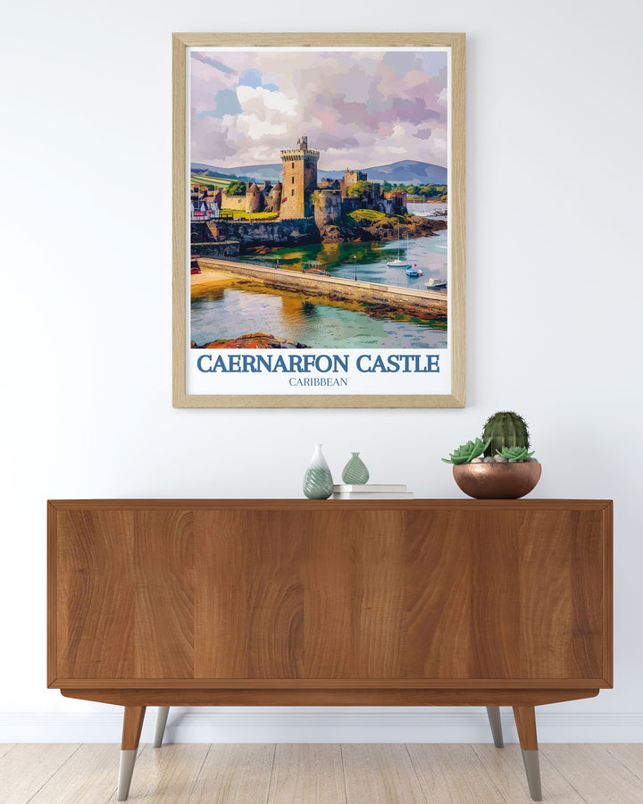 Detailed digital download of Caernarfon Castle, featuring the picturesque Menai Strait and Snowdonia Ranger, ideal for any art collection or as a memorable travel keepsake.
