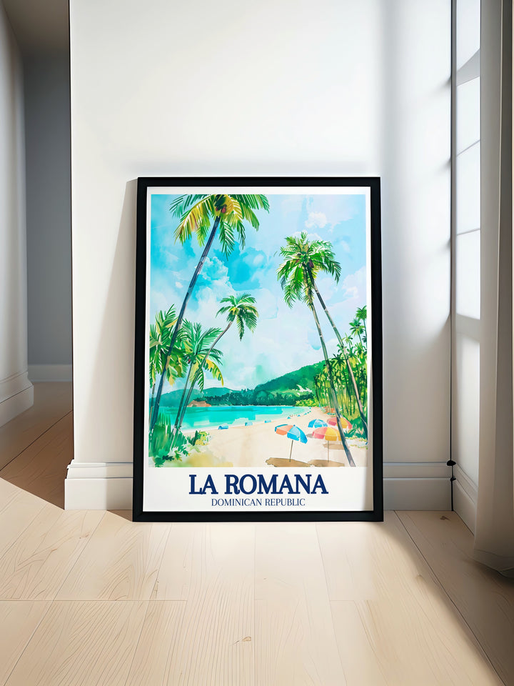 Bayahibe Beach poster print, featuring the calm waters and beautiful shoreline of La Romana. This travel print adds a tropical flair to any room and makes an excellent gift for those who love beach inspired decor.