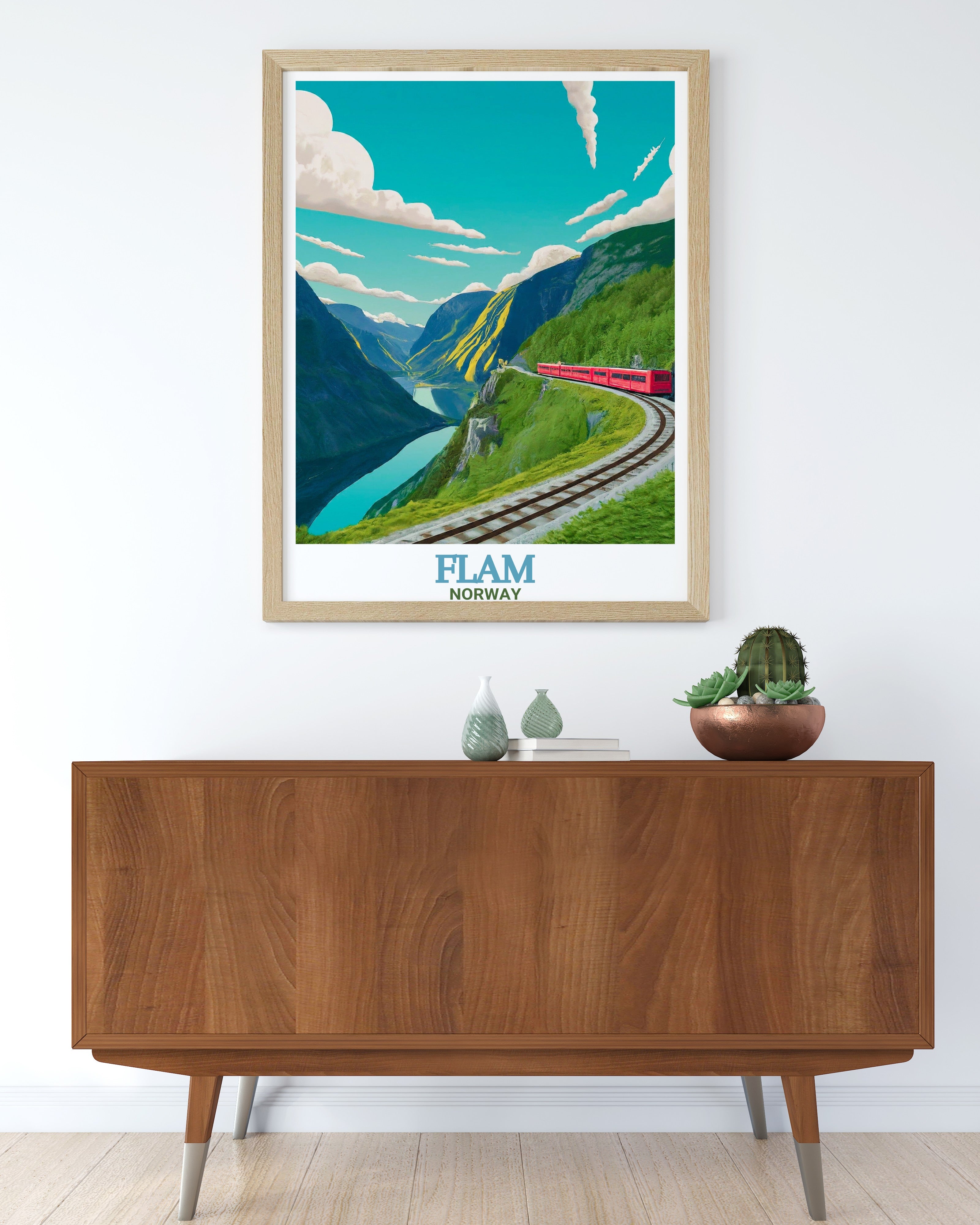 Flåmsbana Railway Norway art print featuring scenic train route through Norwegian mountains and fjord landscape, adventure travel poster perfect for inspiring living rooms and Nordic interior decoration celebrating exploration