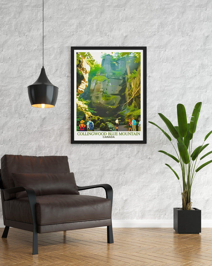 Collingwood Travel Poster highlights the breathtaking beauty of Blue Mountain and the natural wonders of Scenic Caves Nature Adventures. This artwork is perfect for bringing the excitement of the outdoors into your living space.