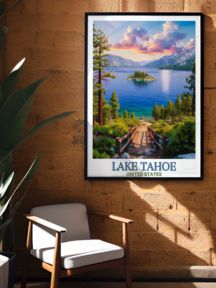 The Lake Tahoe Poster features the stunning blue waters of this famous alpine lake, paired with the rugged beauty of Emerald Bay State Park. This artwork is perfect for adding a touch of nature to any room, making it ideal for beach or coastal decor lovers.