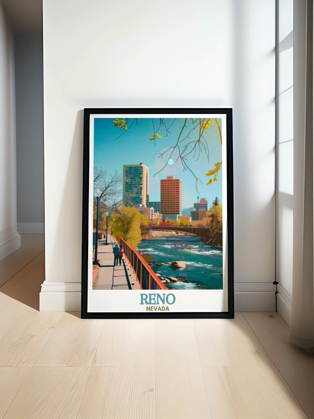 A vintage style print showcasing the Truckee Riverwalk in Reno, featuring the calm waters of the river against the backdrop of urban structures and nearby Sierra Nevada mountains. This framed art is perfect for any travel enthusiast or lover of Reno.