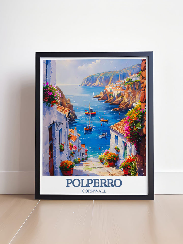 Polperro Beach framed prints offering a sophisticated and timeless appeal perfect for creating a serene and inviting atmosphere in your home