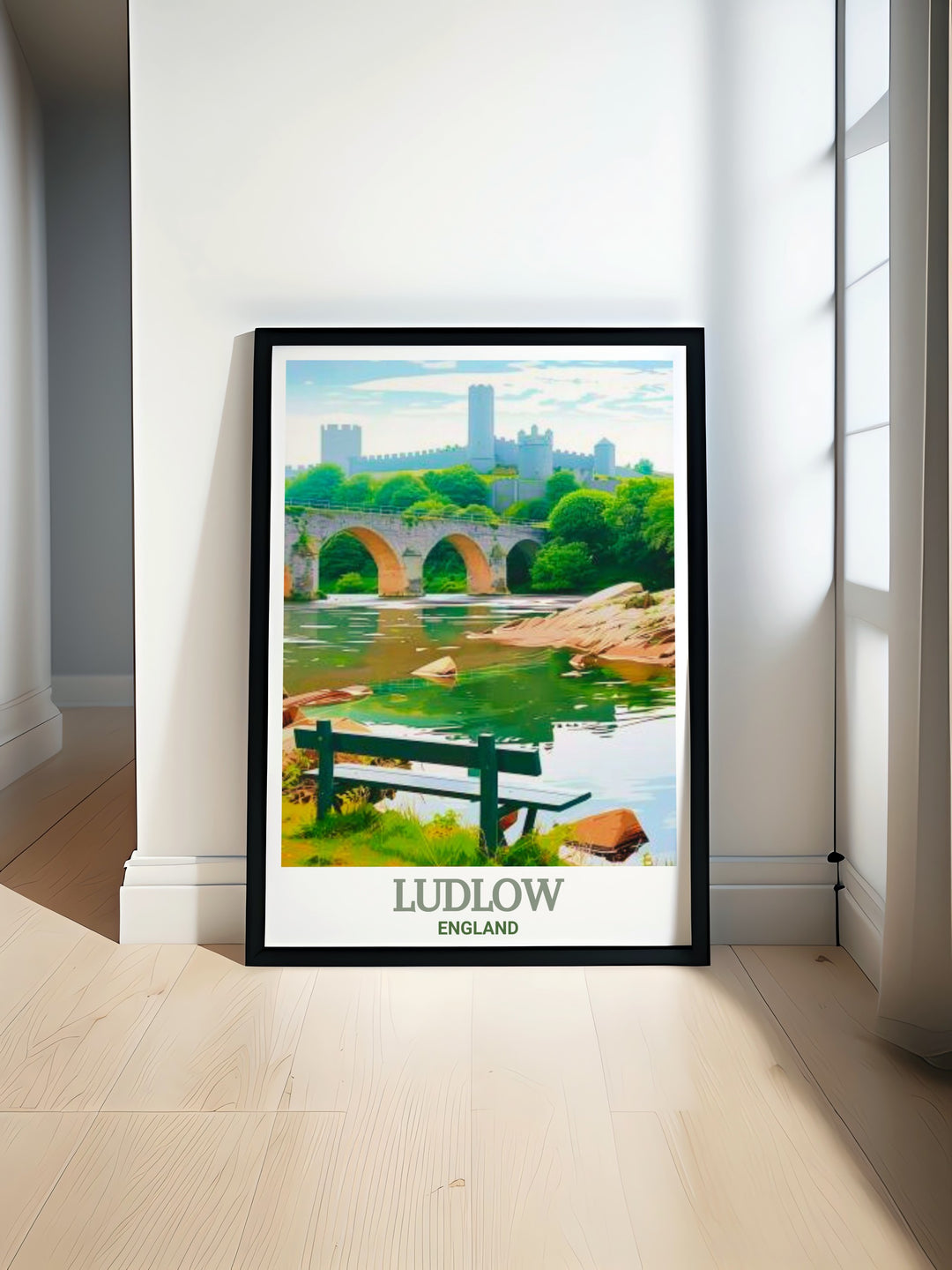 This Ludlow travel print beautifully depicts Dinham Bridge, one of the most iconic spots in Ludlow, England. The art piece adds a sense of calm and English heritage to any room in your home.