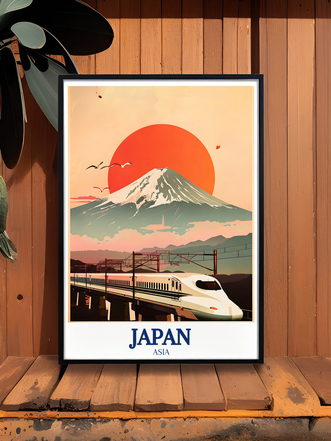 Nozomi bullet train travel poster showcasing the sleek lines and technological prowess of Japans high speed train. This poster celebrates both the beauty of Japanese engineering and the stunning landscapes it passes through, perfect for any travel enthusiast.