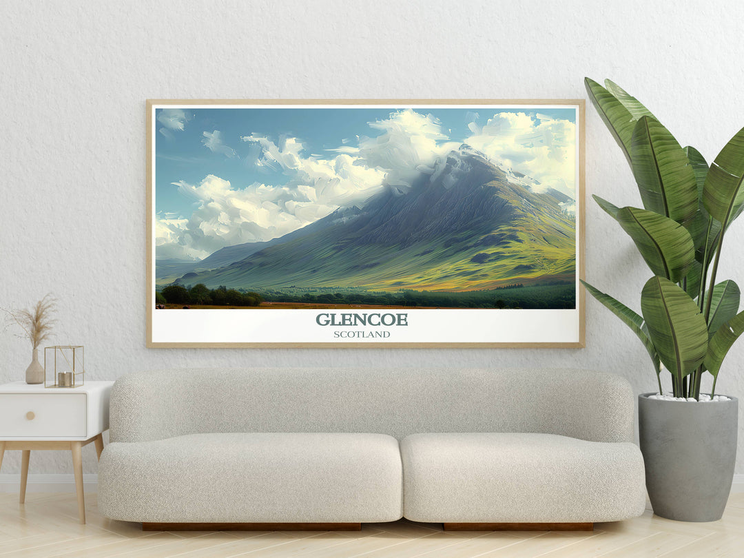 Buachaille Etive Mor Travel Poster showcasing the stunning landscape of Glencoe Scotland perfect for adding a touch of nature to your home decor ideal for travel enthusiasts and nature lovers beautiful artwork capturing the essence of Scotlands wild beauty