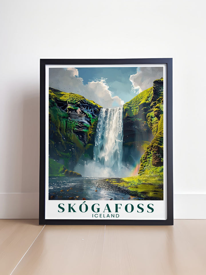 Skogafoss waterfall vintage print displaying the enchanting scene of the waterfall in a retro travel poster style perfect for adding a nostalgic touch to your home or office decor.