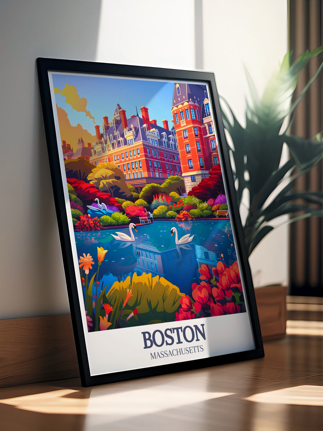 Boston Poster Print captures the iconic blend of the Boston Public Gardens serenity and Downtowns vibrant city life. The artwork highlights both the lush greenery of the garden and the modern skyscrapers, making it the perfect addition to any home decor for those who love Boston.