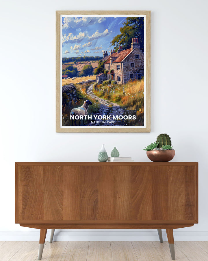 Enhance your living space with this travel poster of North York Moors, showcasing the picturesque views and dynamic landscapes that make this national park a must visit destination in Yorkshire.