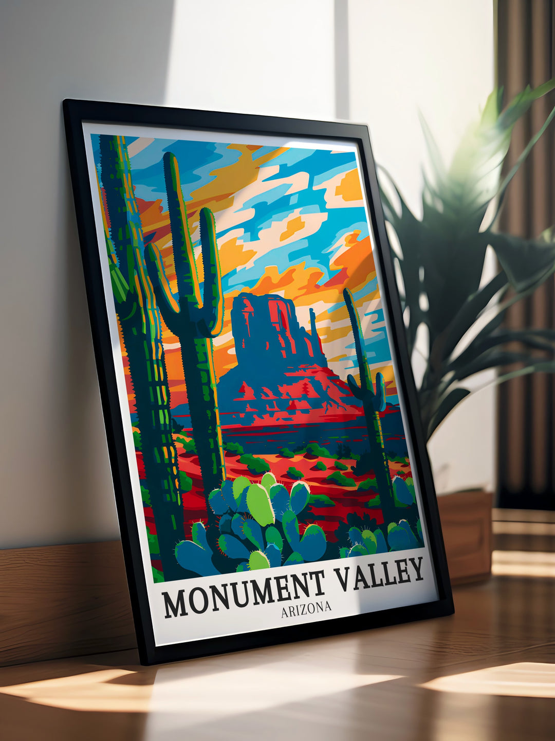 Merrick Butte and Saguaro Cactus framed prints offer a striking depiction of Arizonas iconic desert landscape capturing the rugged beauty of Monument Valley and the gentle elegance of the cactus for stunning home decor.