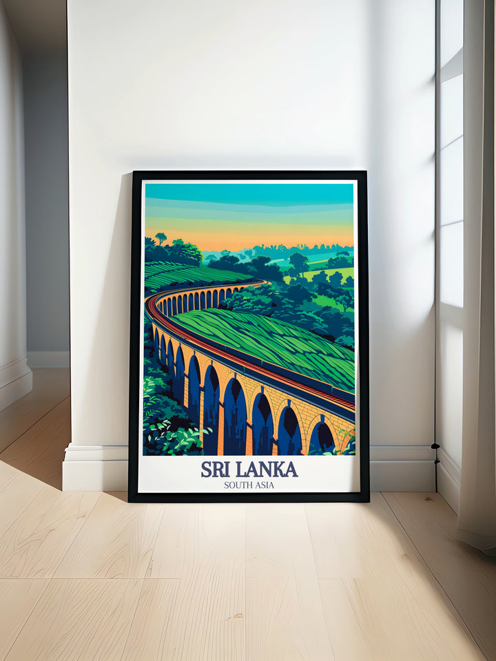 The iconic Nine Arch Bridge and the scenic railways of Demodara in Sri Lanka are captured in this exquisite travel print. The artwork brings out the intricate details of the bridge, set against a backdrop of lush greenery, making it perfect for lovers of Sri Lankas cultural heritage.