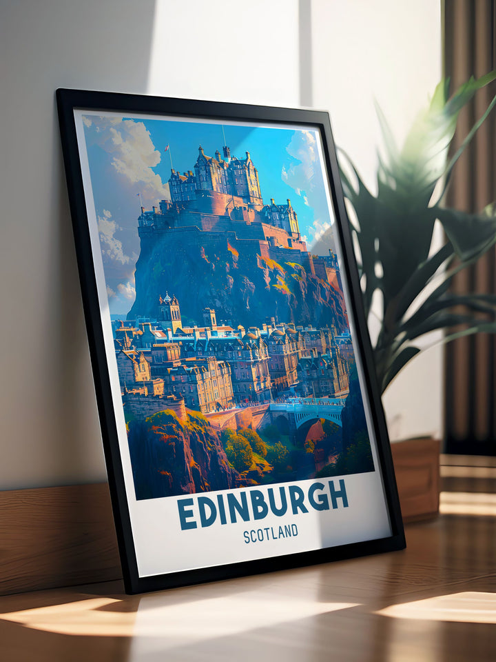 Travel poster featuring the vibrant Royal Mile in Edinburgh, highlighting the medieval buildings, lively atmosphere, and rich history of this iconic street.