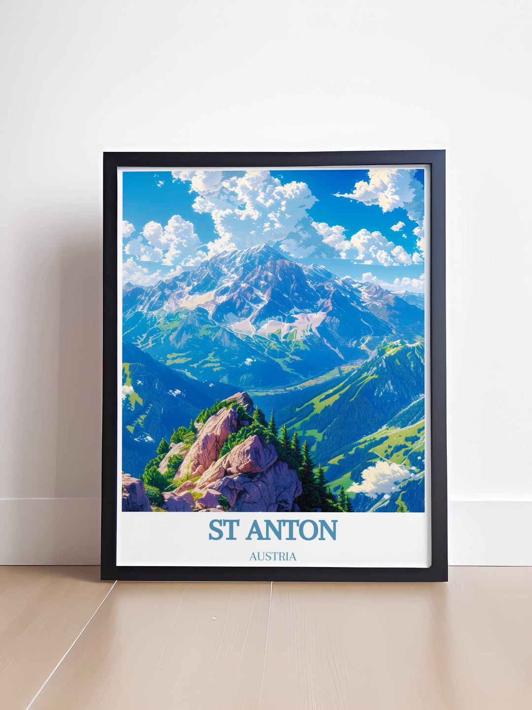 Valluga Mountain Modern Prints paired with the vibrant St Anton Art Print bring the thrill of the Alps into your home. These prints are perfect for anyone who loves skiing Austria or enjoys decorating with vintage ski posters and retro ski prints.