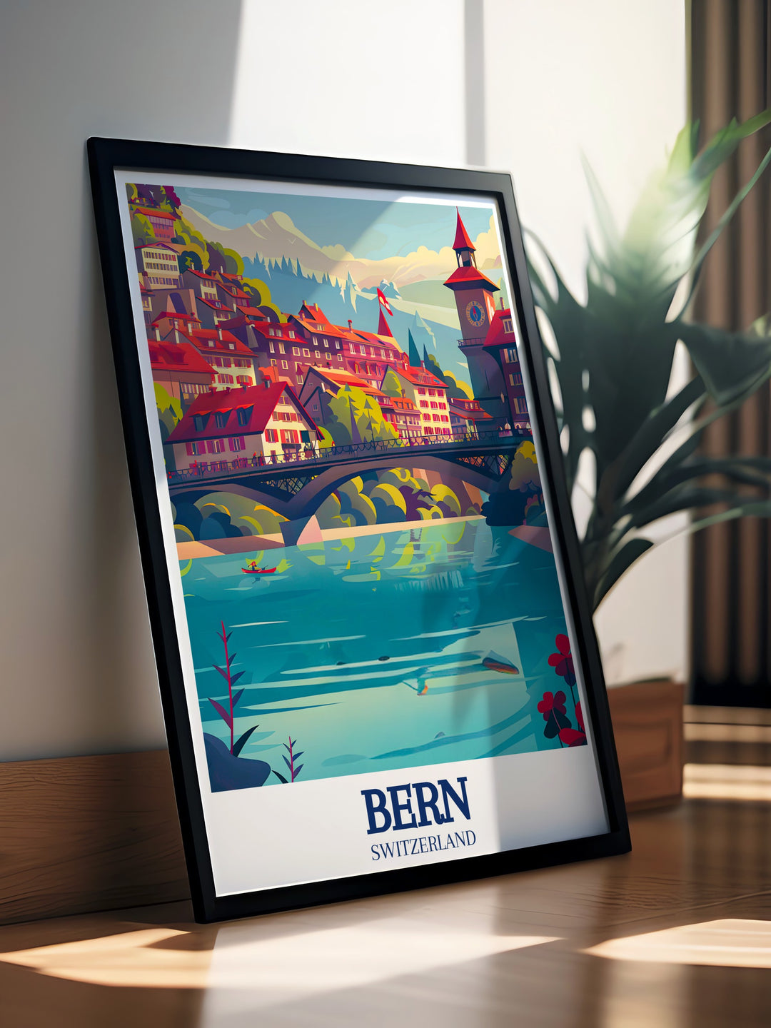 Bern wall art celebrates the serene beauty of the Aare River as it winds through Switzerlands capital. This travel poster captures the peaceful flow of the river beneath the Nydegg Bridge, making it a perfect gift for travelers or anyone who loves Swiss landscapes.