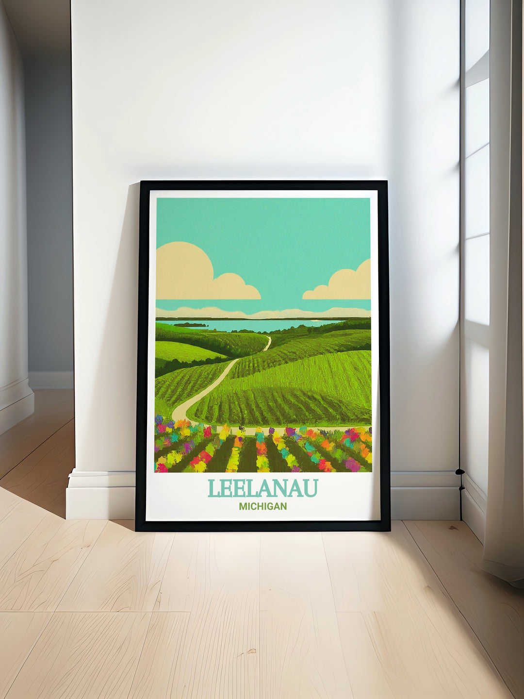 Leelanau Poster Print capturing the vibrant beauty of Michigans Leelanau Peninsula, known for its lush vineyards, rolling hills, and scenic lake views. This artwork brings the essence of Leelanau Wine Trail into your home, perfect for adding a touch of Michigans natural charm to your decor.