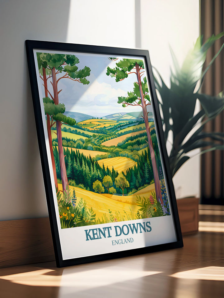 Stunning Kent Downs Area of Outstanding Natural Beauty AONB poster that brings the charm and beauty of the countryside into your home offering a peaceful and inspiring addition to any space with rich details and vibrant hues.