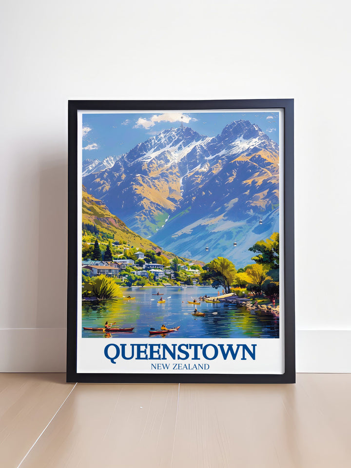 Queenstown travel poster highlighting The Remarkables Lake Wakatipu in a vintage style perfect for home decor office spaces and gifts showcasing the natural beauty and charm of Queenstown through a timeless black and white fine line print