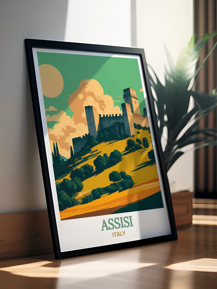 Beautiful Assisi travel gift featuring a detailed print of Rocca Maggiore. This Italy wall art captures the fortresss commanding presence and the historical depth of Assisi, perfect for decorating your home with a touch of Italian heritage