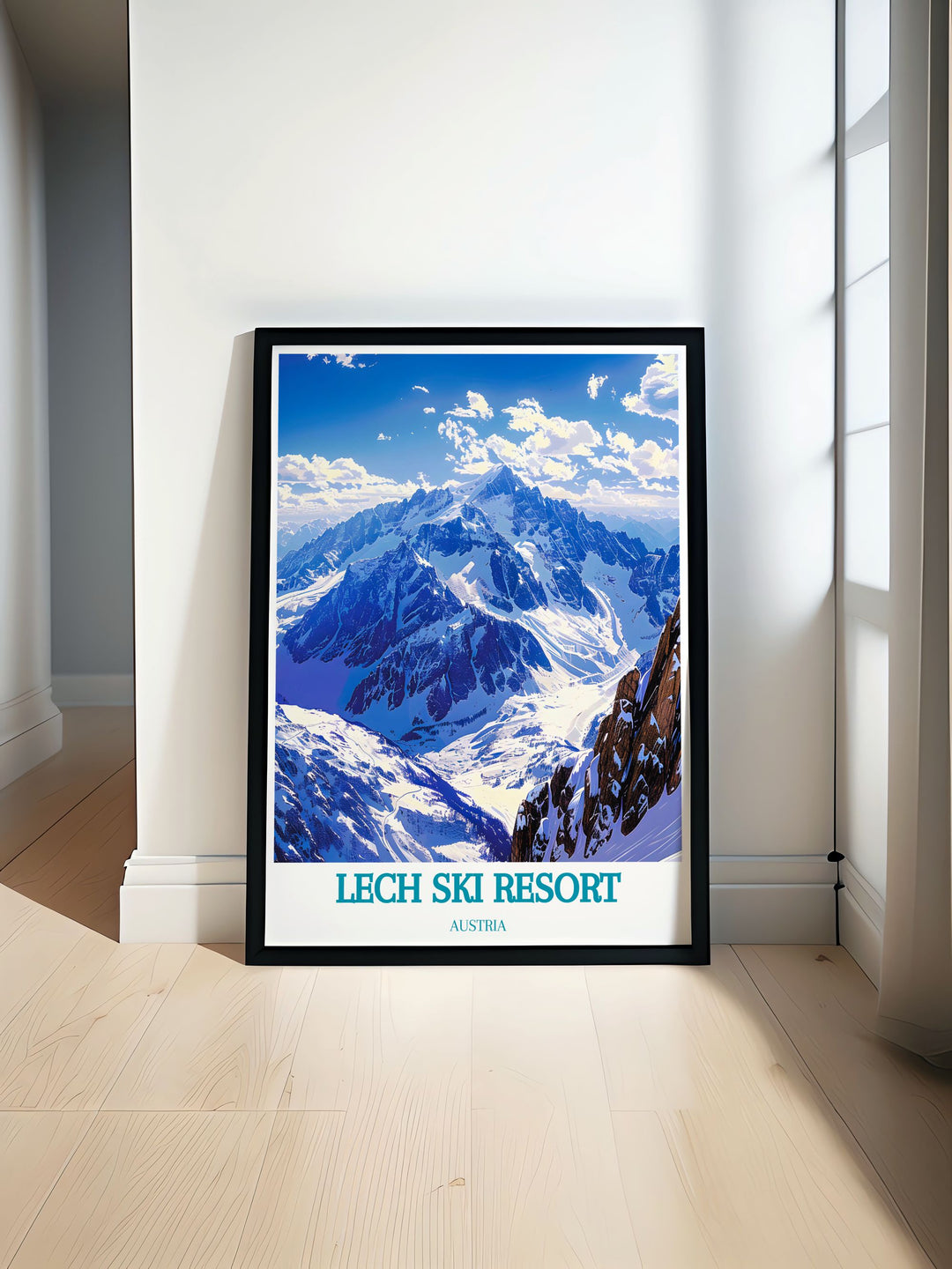 Valluga Mountain modern print featuring stunning snowy peaks and alpine landscapes. Ideal for creating a vintage ski resort ambiance in your home or office. This art print captures the beauty of Austrias majestic Valluga Mountain with classic appeal. Perfect for ski enthusiasts and lovers of retro wall art.