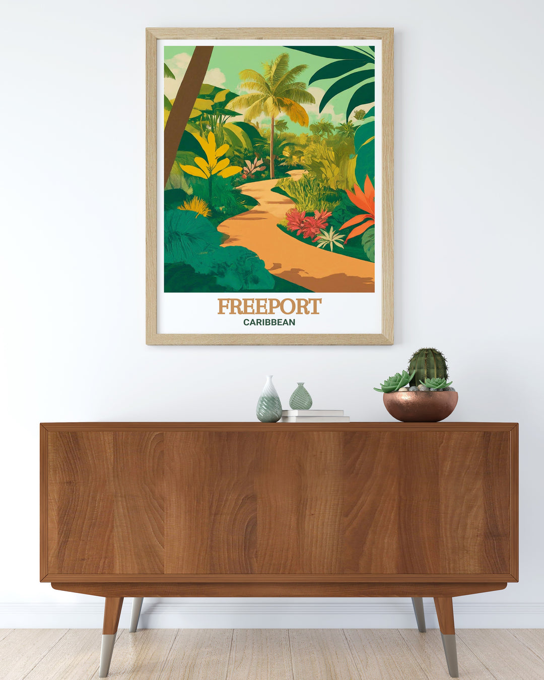 This art print showcases the lush landscapes of the Garden of the Groves and the vibrant scenes of Freeport, bringing a touch of Caribbean warmth and natural beauty into your living space, ideal for creating a peaceful and inviting atmosphere.