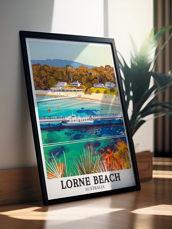 Add a touch of coastal elegance to your home with this Lorne Beach Print showcasing Apollo Bay and Lorne Pier perfect for Australia wall art enthusiasts this artwork is ideal for those who love beach decor and makes a thoughtful Australia souvenir