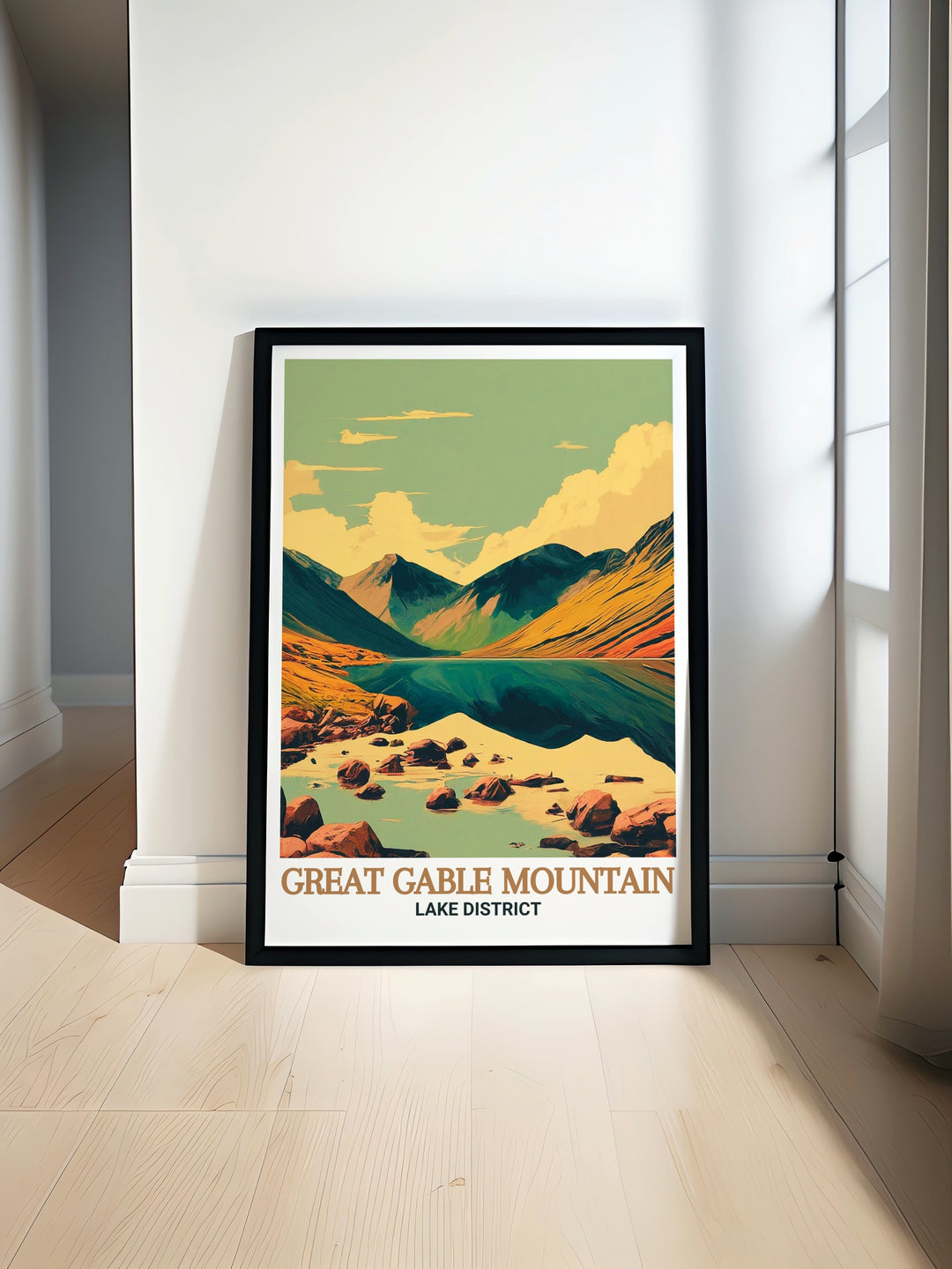 This Great Gable poster print beautifully captures the towering presence of one of the Lake Districts most iconic mountains. The artwork emphasizes the rugged peaks and the stunning natural landscape surrounding Great Gable. Perfect for nature lovers, this print brings the adventure and beauty of the Lake District right into your home, making it an ideal piece for any decor.