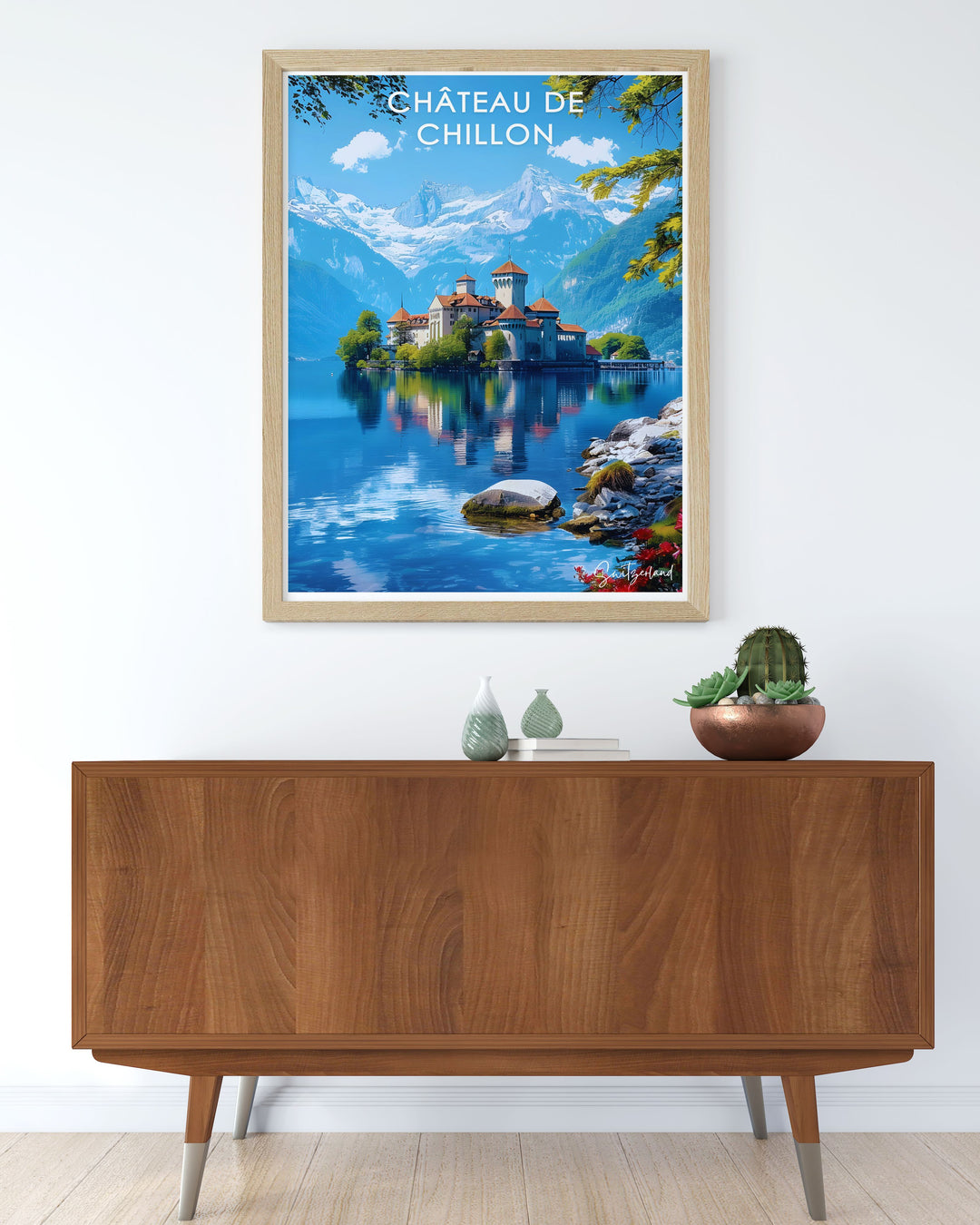 Swiss Travel Poster highlighting the adventure and exploration of Grindelwald and the surrounding areas along with Chateau de Chillon modern decor bringing history and art together