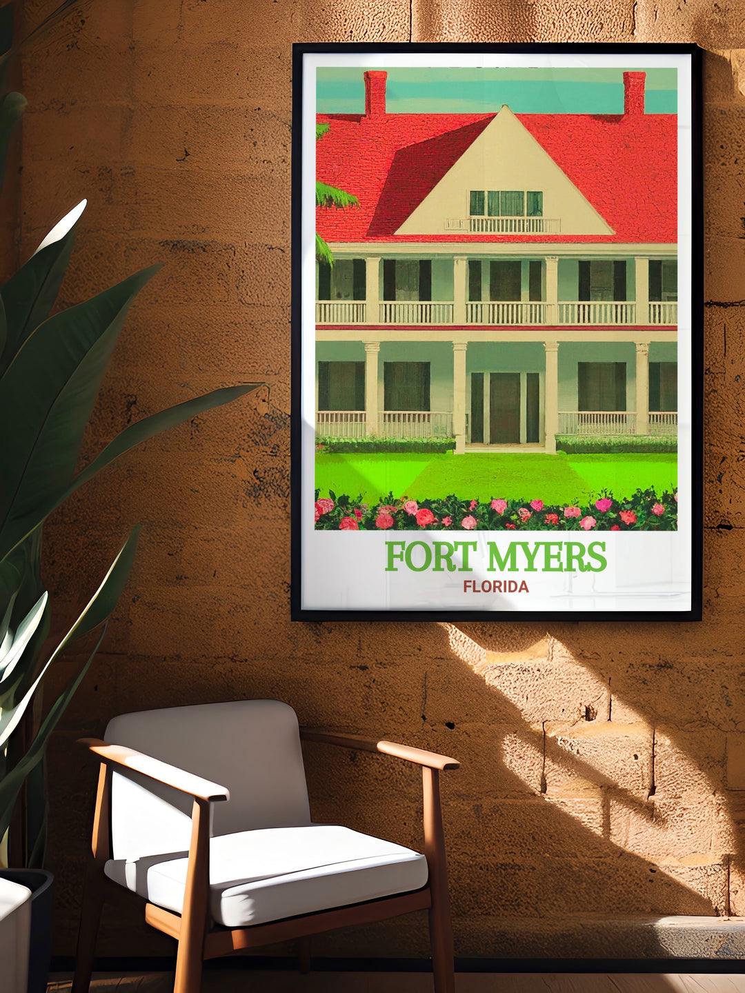 Edison & Ford Winter Estates wall art depicting the serene environment with lush gardens and picturesque buildings. This Florida scenic print captures the essence of the estates beauty, making it a great addition to any room for those who love elegant decor.