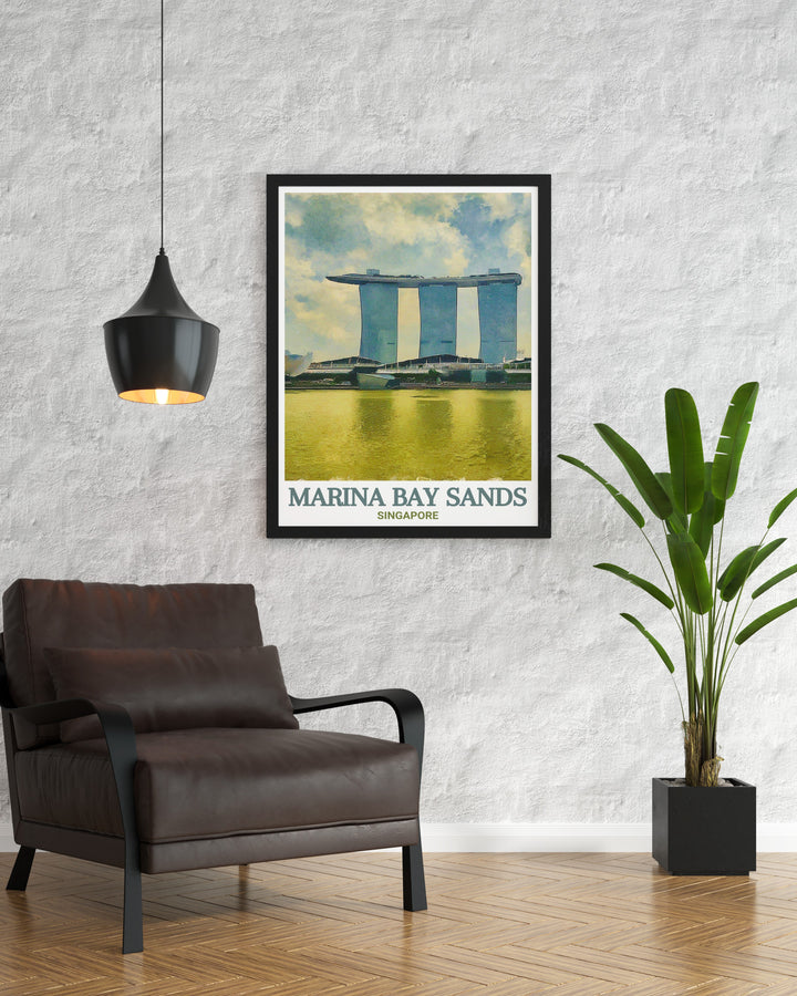 Marina Bay Sands Framed Art depicting the iconic SkyPark, highlighting its role as a symbol of modern luxury and innovation in Singapore. This framed piece offers a sophisticated touch to your decor, celebrating one of the worlds most recognized architectural feats.