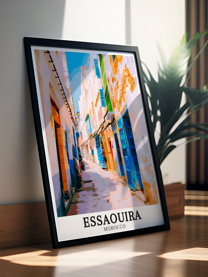 Add a piece of Morocco to your home decor with this beautiful Essaouira Old Town print. Capturing the intricate details of Derb and the citys historic charm, this travel art is perfect for those who appreciate cultural heritage. Its a thoughtful gift for anyone who loves travel and art.