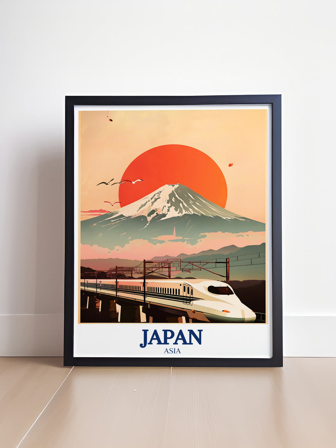 Nozomi bullet train wall art celebrating the efficiency and speed of Japans most famous train. This canvas art captures the futuristic design of the train as it travels through the scenic landscape, bringing a dynamic and modern feel to any room.