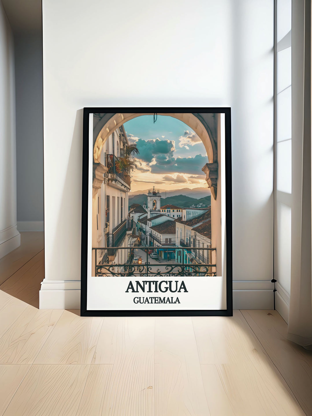 Fine line print of Antigua Guatemala Cathedral showcasing its intricate architectural details in black and white perfect for adding a touch of elegance to any room ideal for modern decor and gift giving