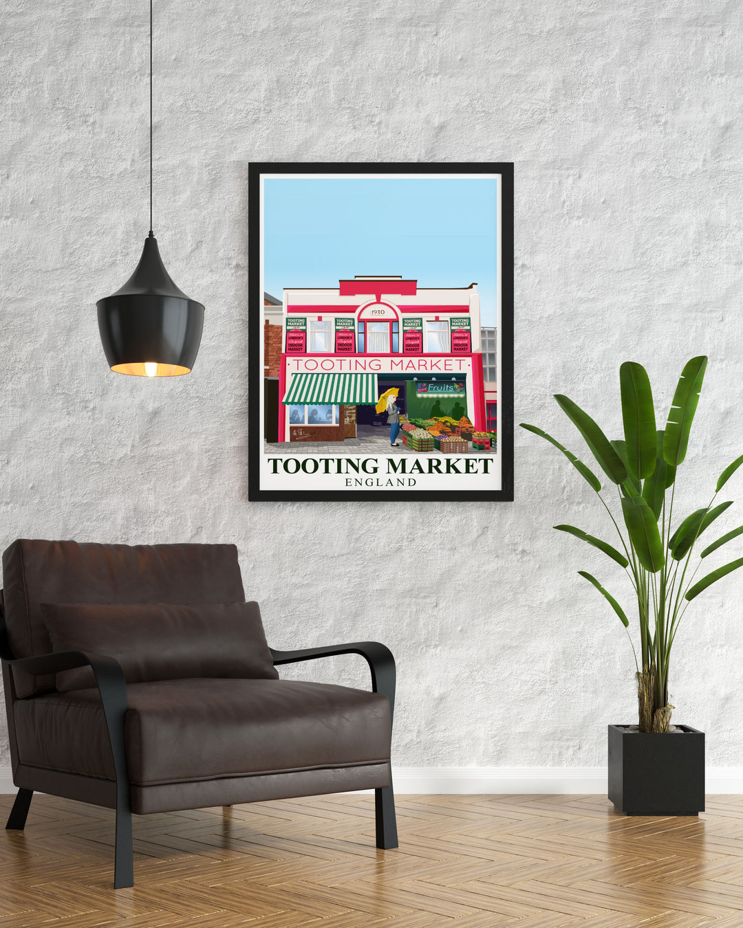 Stunning Tooting Market Print capturing the lively atmosphere of the London food market ideal for lovers of South London artwork and those who appreciate unique London architecture