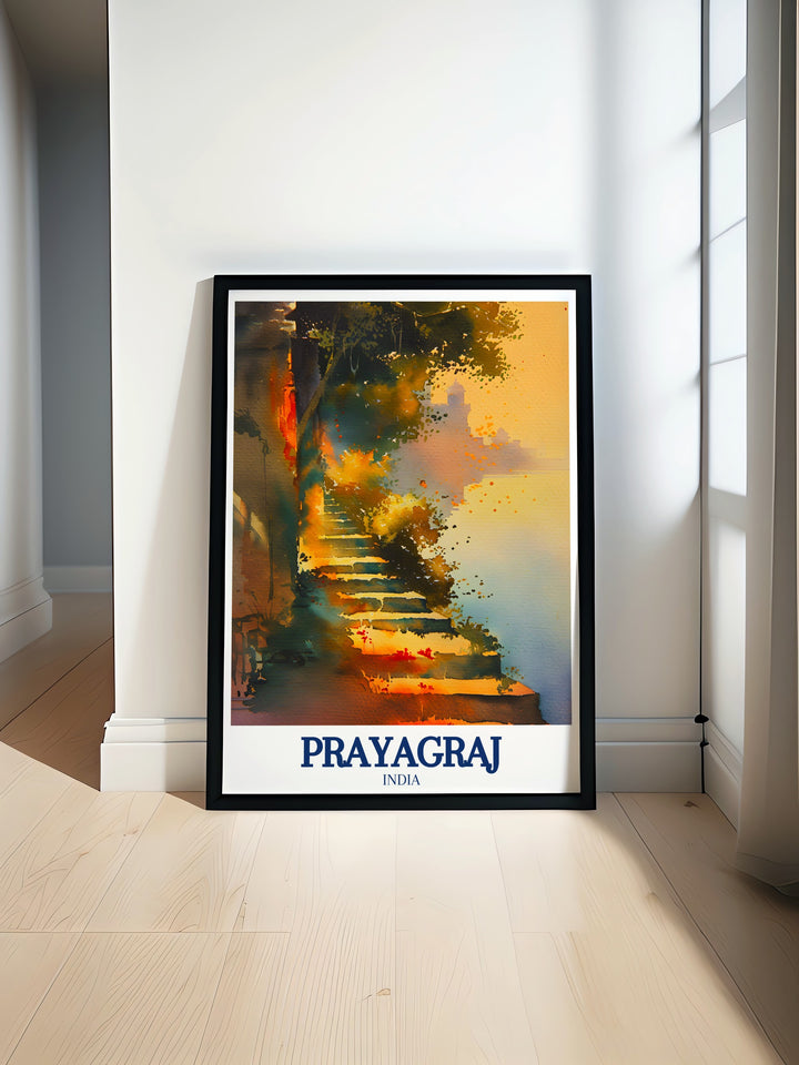 Wall art of Prayagrajs map, showcasing the confluence of the Ganges and Yamuna rivers and other key landmarks. This framed art piece is a beautiful way to bring a piece of Indias cultural heritage into your home, ideal for lovers of Indian decor and history.