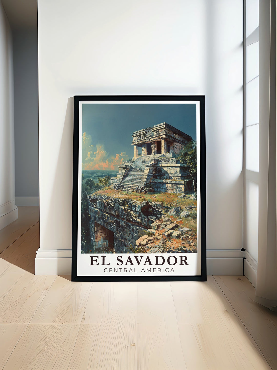 The beauty of Tazumals pyramids is captured in this El Salvador canvas art, which highlights the architectural elegance of the ancient Maya ruins. The travel print offers a stunning glimpse into El Salvadors cultural past, making it a beautiful addition to any home or office.