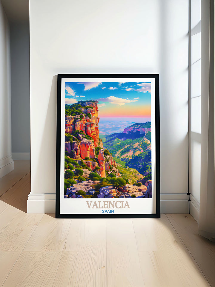 This Spain wall art features the dynamic combination of Valencias historic cityscape and the peaceful beauty of El Garbí mountain. Whether for personal decor or as a gift, this travel poster brings the essence of Spains vibrant culture and natural charm into your space.